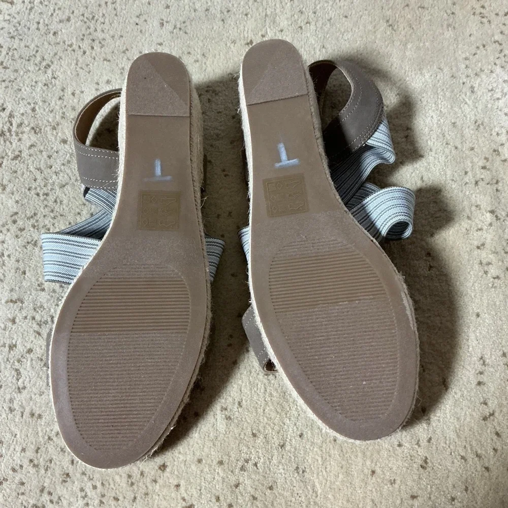 Market & Spruce Womens 7.5 Striped Elastic Espadrille Wedge Sandals Taupe Blue
